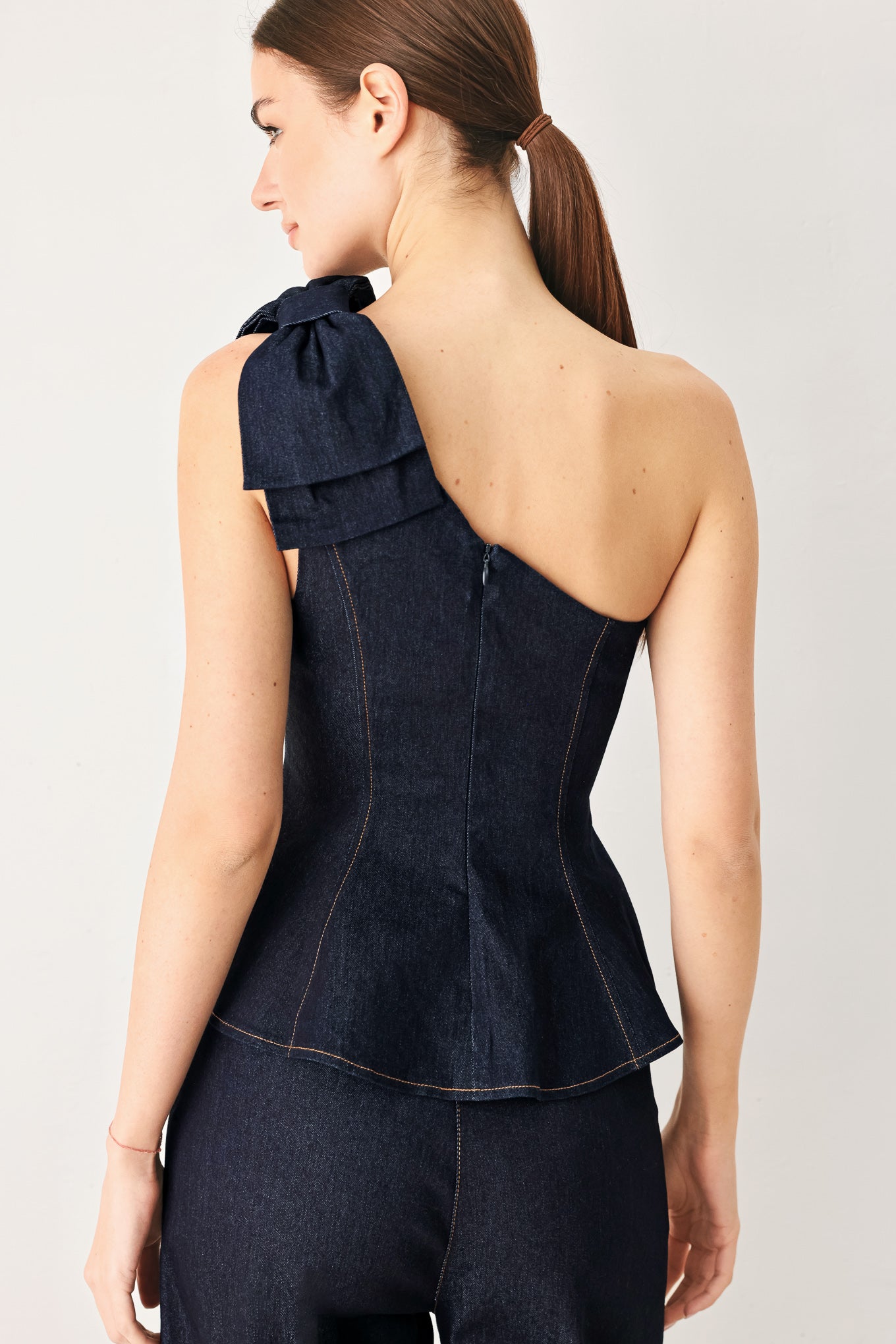 Indigo Bow One Shoulder Denim Top in DARK DENIM view 2