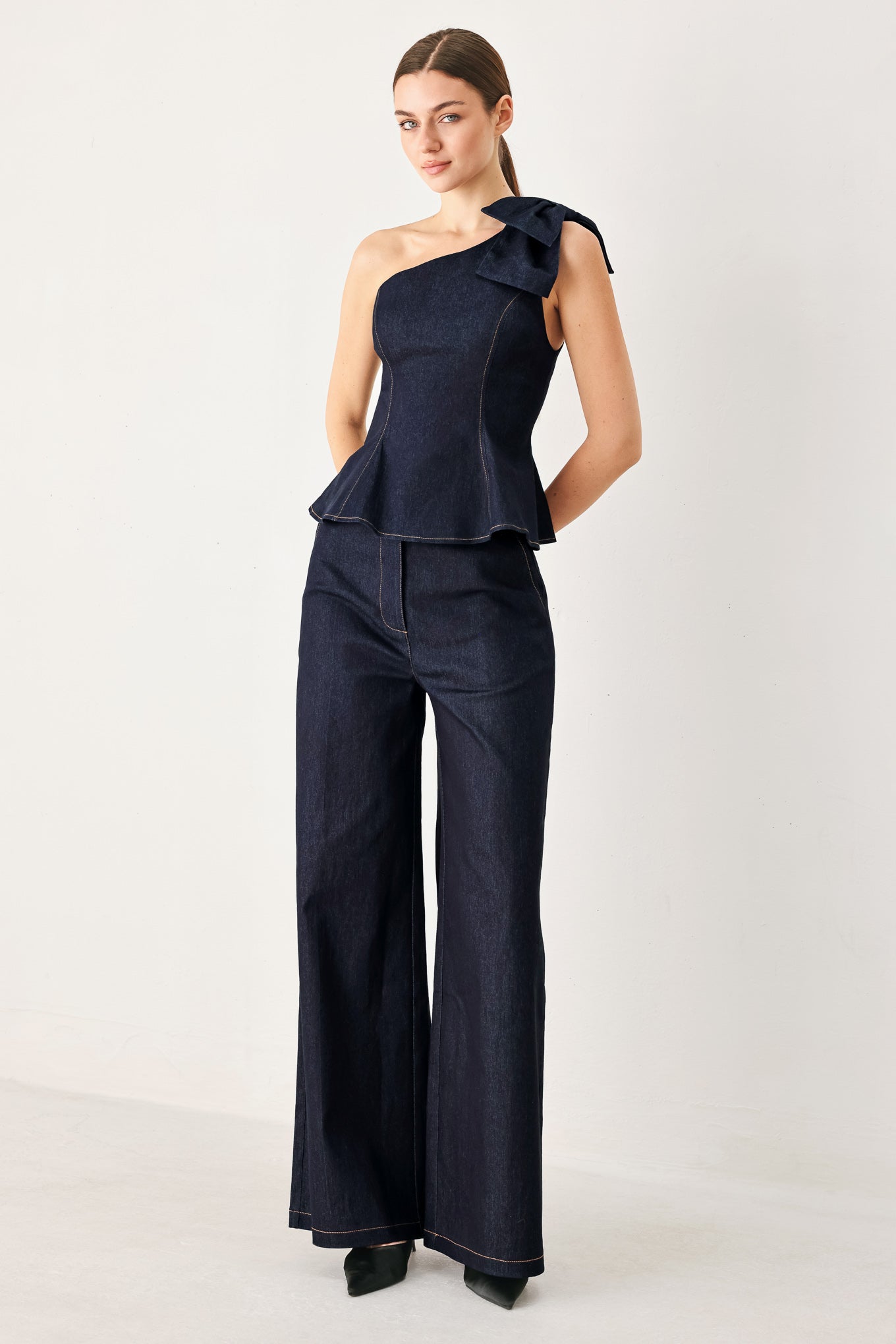 Indigo Bow One Shoulder Denim Top in DARK DENIM view 3