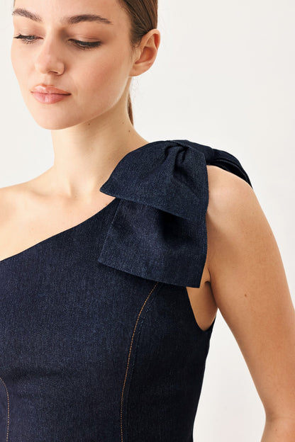 Indigo Bow One Shoulder Denim Top in DARK DENIM view 4