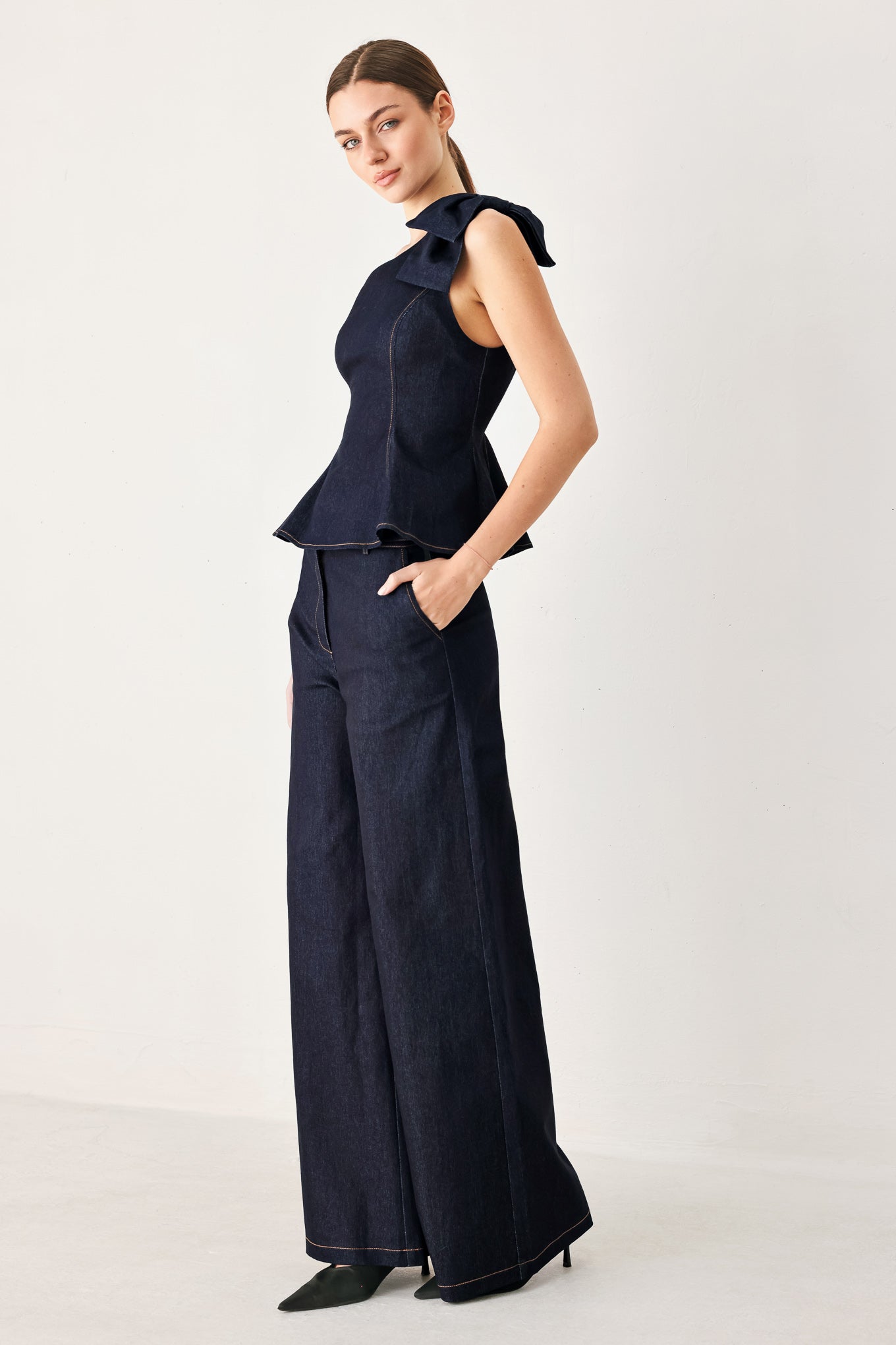 Indigo Bow One Shoulder Denim Top in DARK DENIM view 5