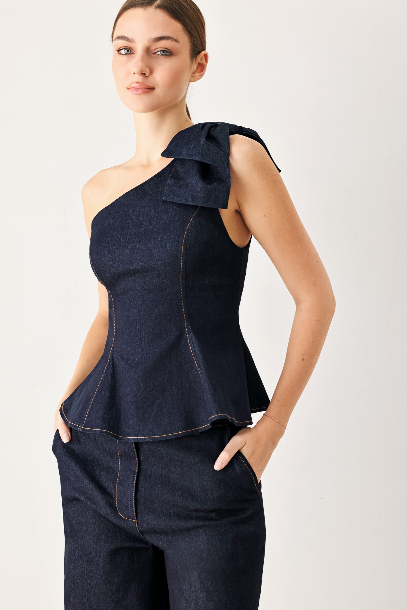 Indigo Bow One Shoulder Denim Top in DARK DENIM view 6