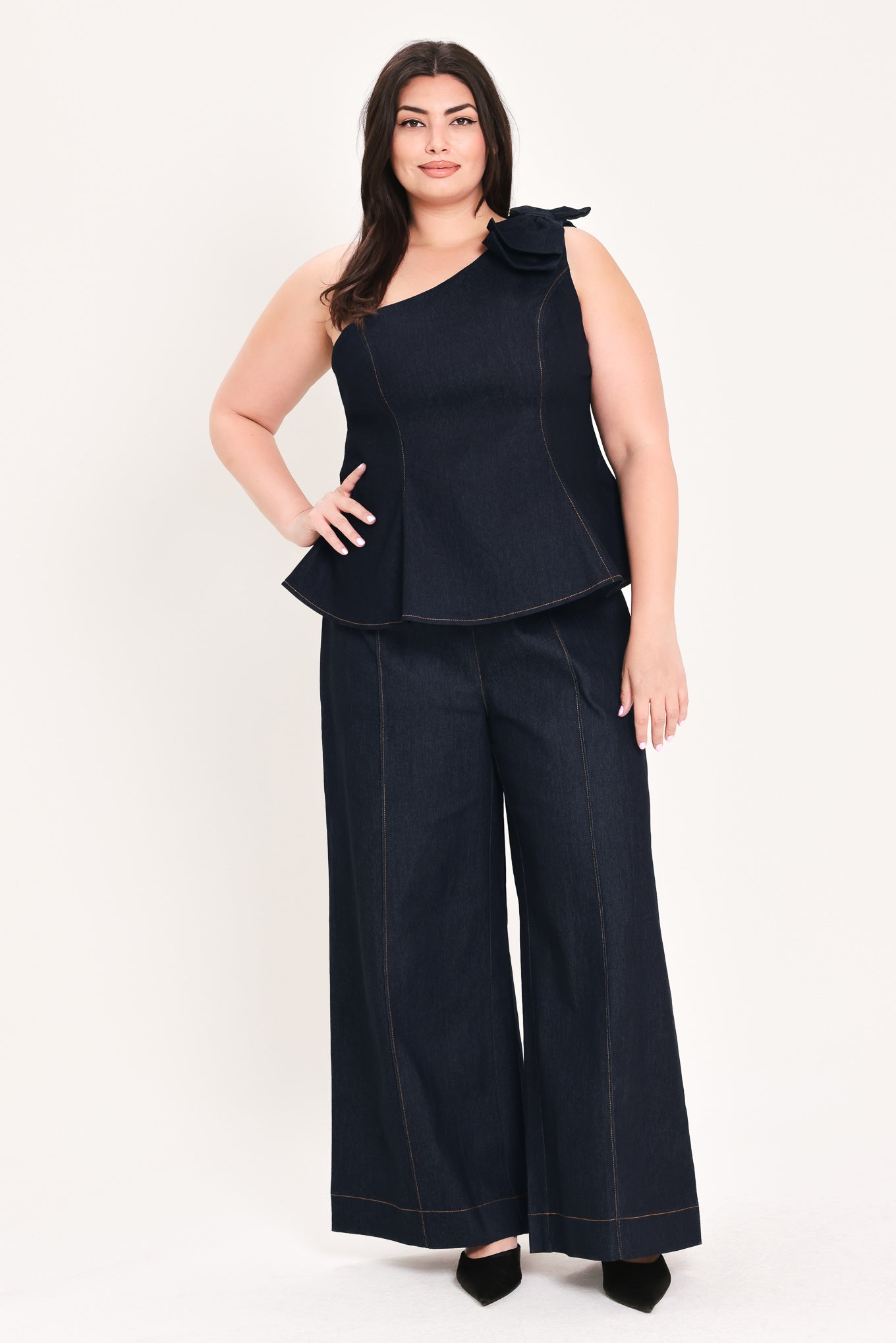 Indigo Bow One Shoulder Denim Top view 10