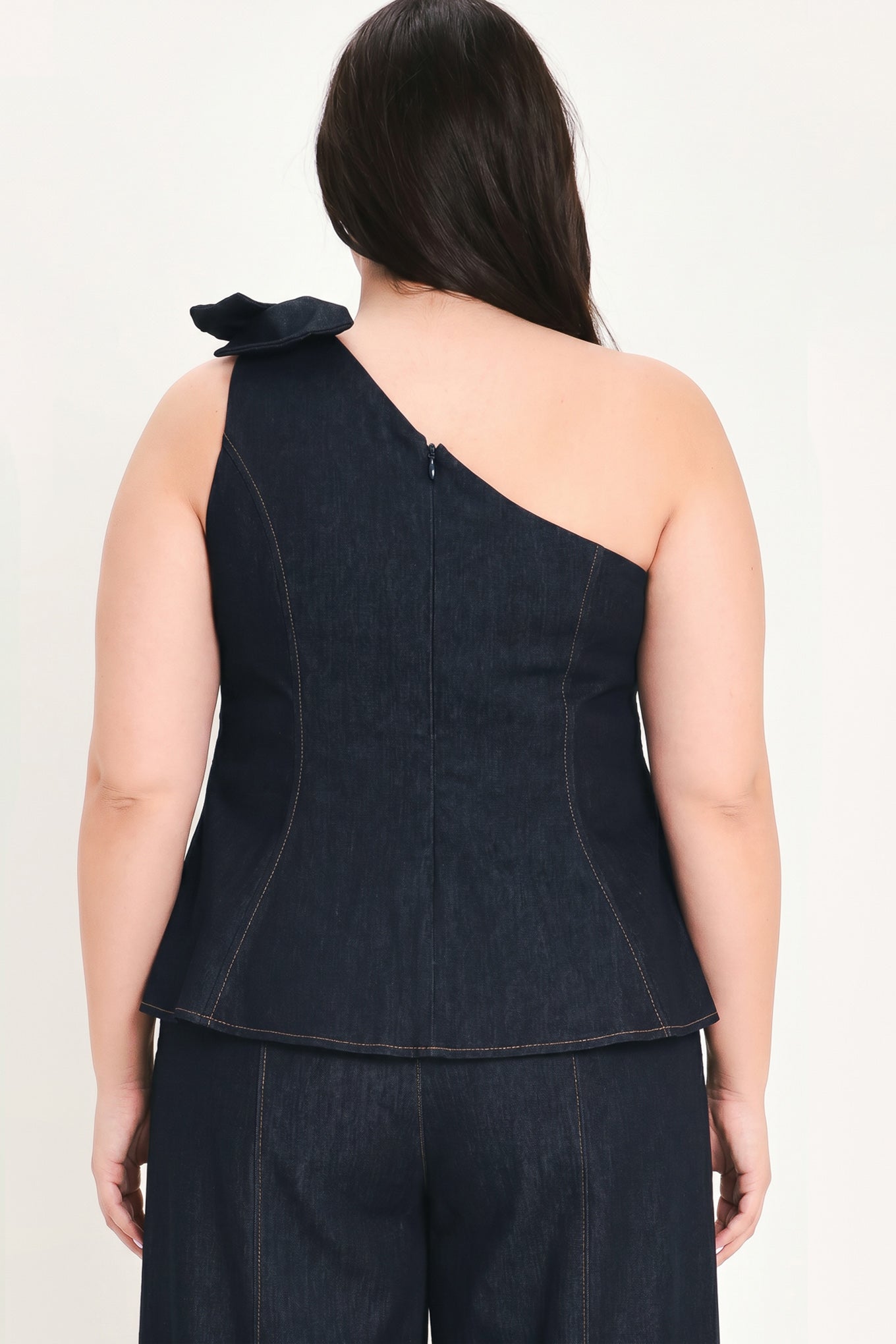 Indigo Bow One Shoulder Denim Top view 11