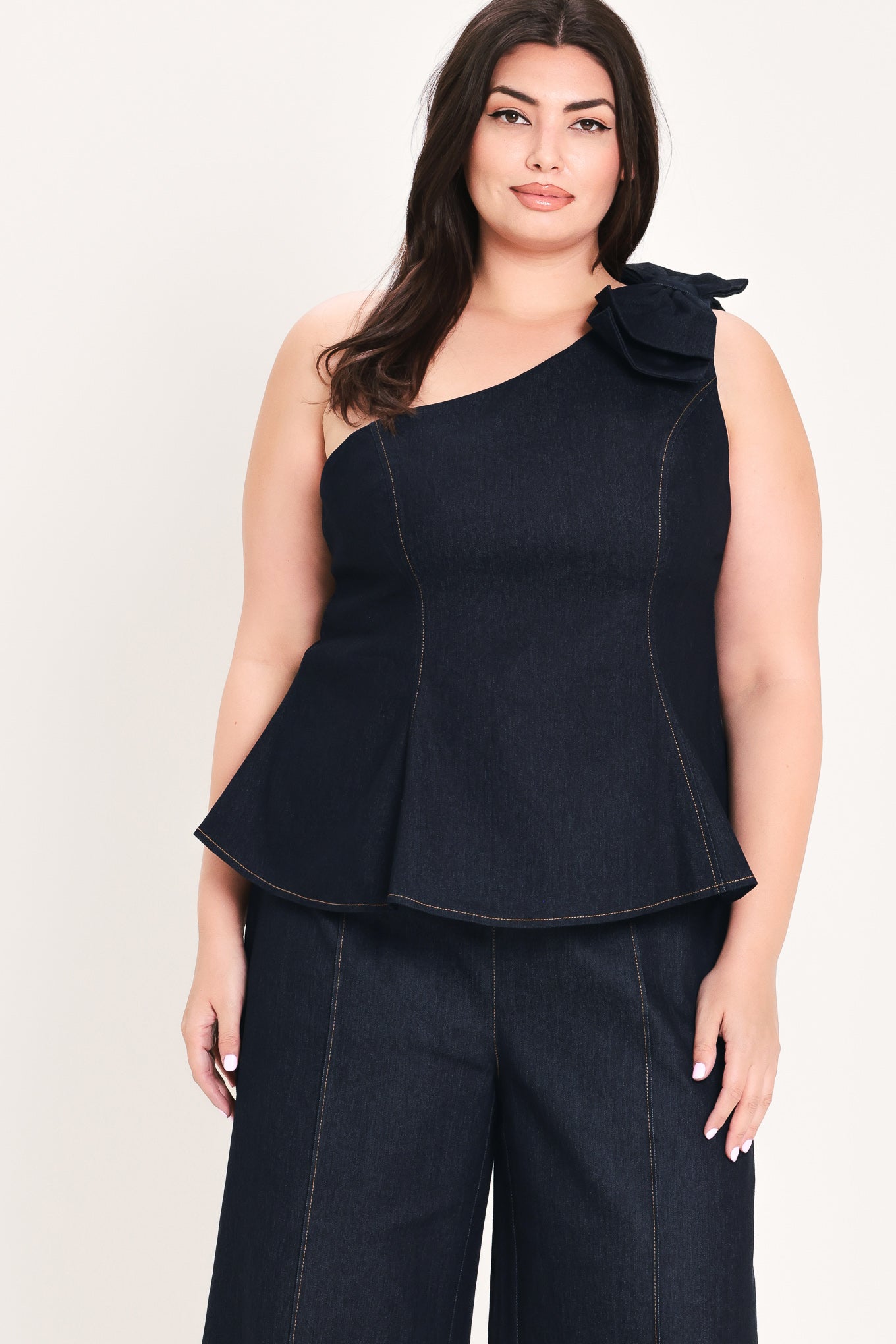 Indigo Bow One Shoulder Denim Top view 7