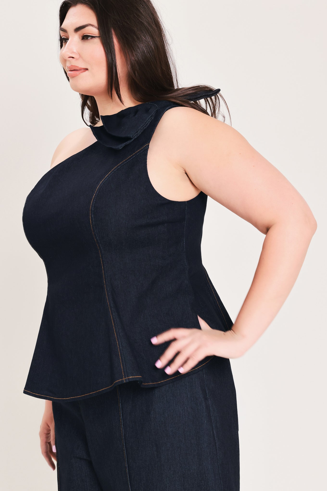 Indigo Bow One Shoulder Denim Top view 9