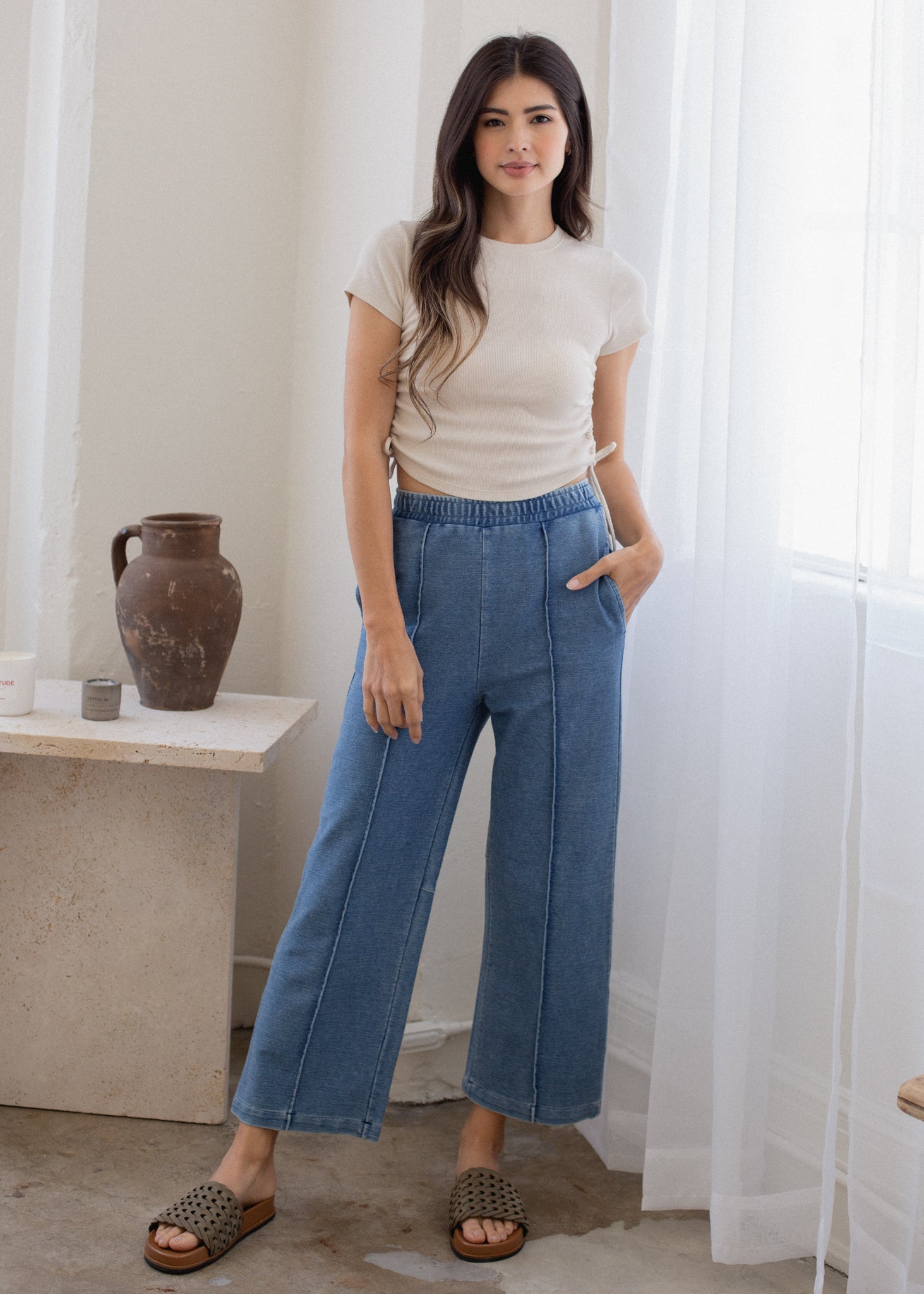 Indigo Pintuck Pant in XS (bottom)