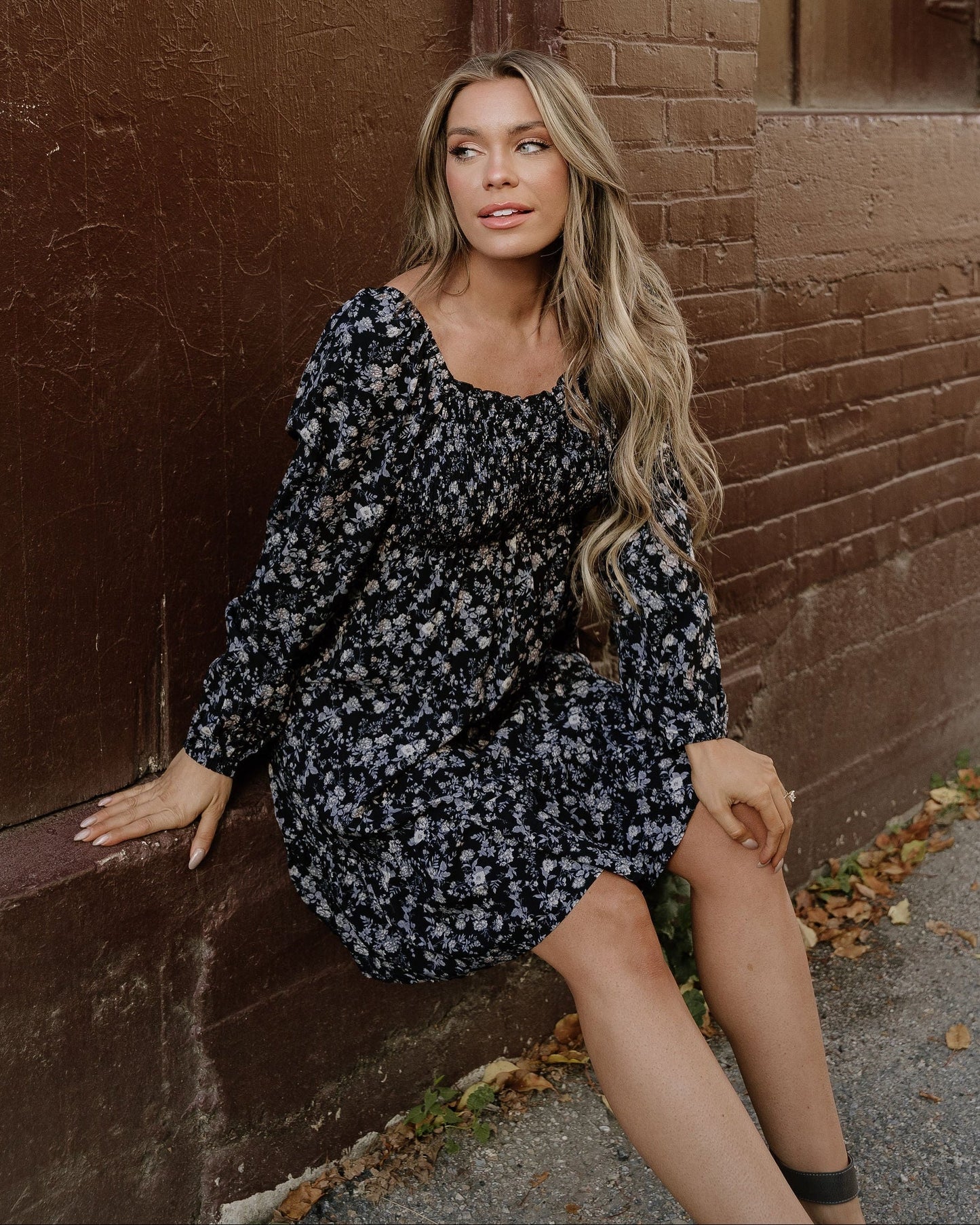 Isabella Long Sleeve Frilly Shirred Square Neck Mini Dress Black view 3 (dress) - isabella long.dress,  - shop at us.meeeshop