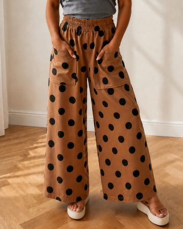 Ivy Polka Dot Wide Leg Elastic Waist Casual Pants in S - Comfort Stretch - Pol Pink Pants (bottom)