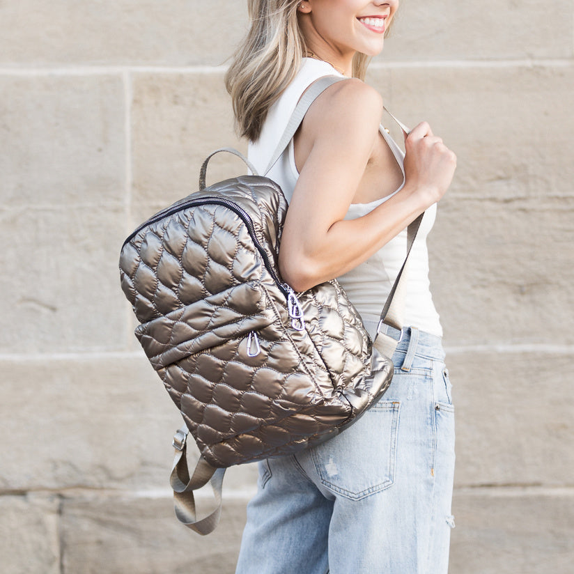 Jade Metallic Puffer Backpack in Gold view 2 (bag)