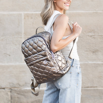 Jade Metallic Puffer Backpack in Gold view 2 (bag)