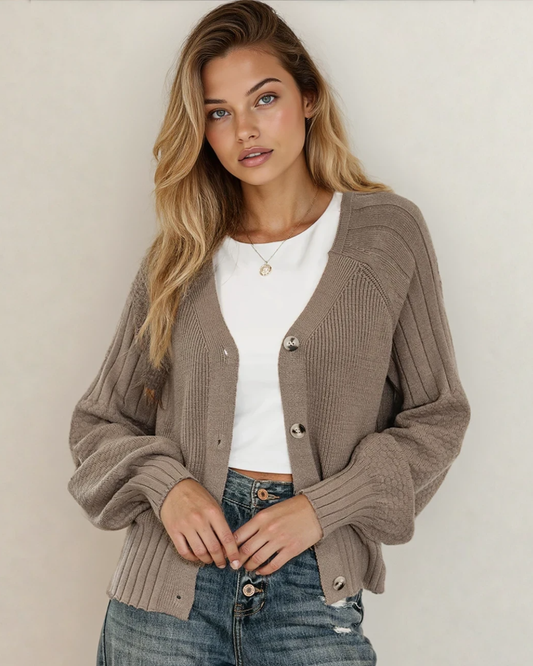 Jane Mixed Texture Knit Button V Neck Sweater Cardigan - Brown in Goat view 2 - Fall Wardrobe Essential - Brown Sweater