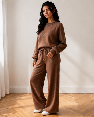 Jane Polka Dot Drawstring Wide Leg Long Sleeve Top Pant Set in Brown - Pol Top