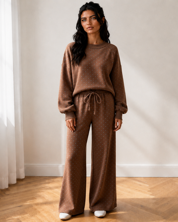 Jane Polka Dot Drawstring Wide Leg Long Sleeve Top Pant Set in Brown view 2 - Pol Top
