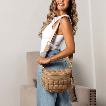 Jaya Puffer Double Zip Crossbody Sling in Latte view 2 - Jaya Bag (layer)