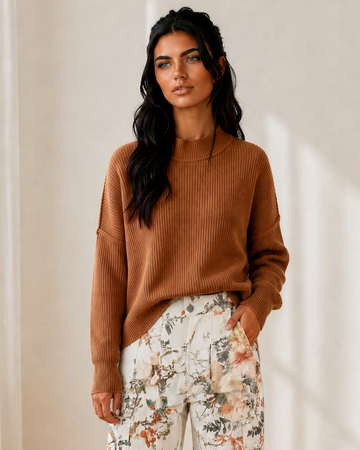 Jen Ribbed Knit Stand Neck Regular Fit Sweater in Chestnut - Fall Wardrobe Essential - Regular Sweater (top)