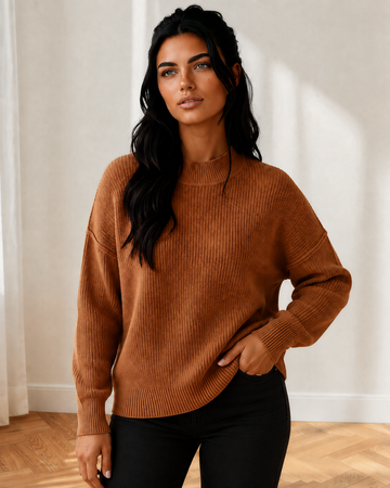 Jen Ribbed Knit Stand Neck Regular Fit Sweater in Chestnut view 2 - Fall Wardrobe Essential - Regular Sweater (top)
