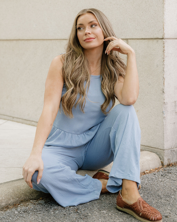Jordan Ribbed Ruffle Tank Top and Pants Set in Beau Blue - Jordan Ribbed Tank Top