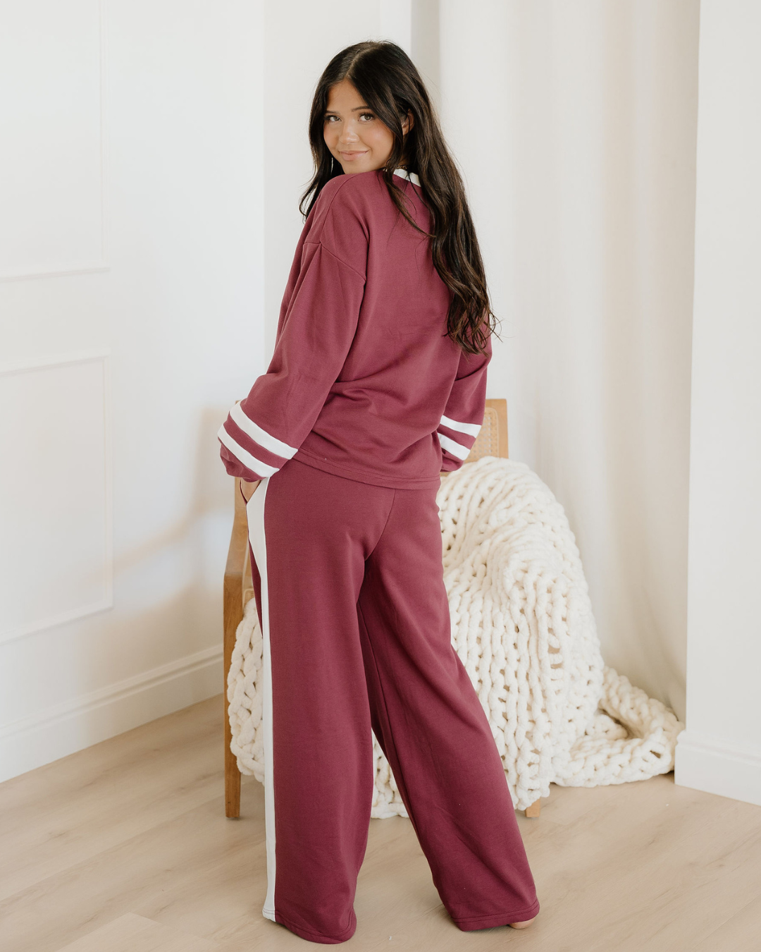 Jordyn Varsity Stripe Drawstring Wide Leg Pant Set - Mineral Red view 10 (bottom) - jordan varsity red, - shop at us.meeeshop