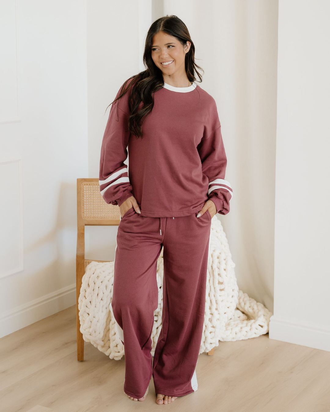 Jordyn Varsity Stripe Drawstring Wide Leg Pant Set - Mineral Red Mineral Red view 4 (bottom) - shop at us.meeeshop