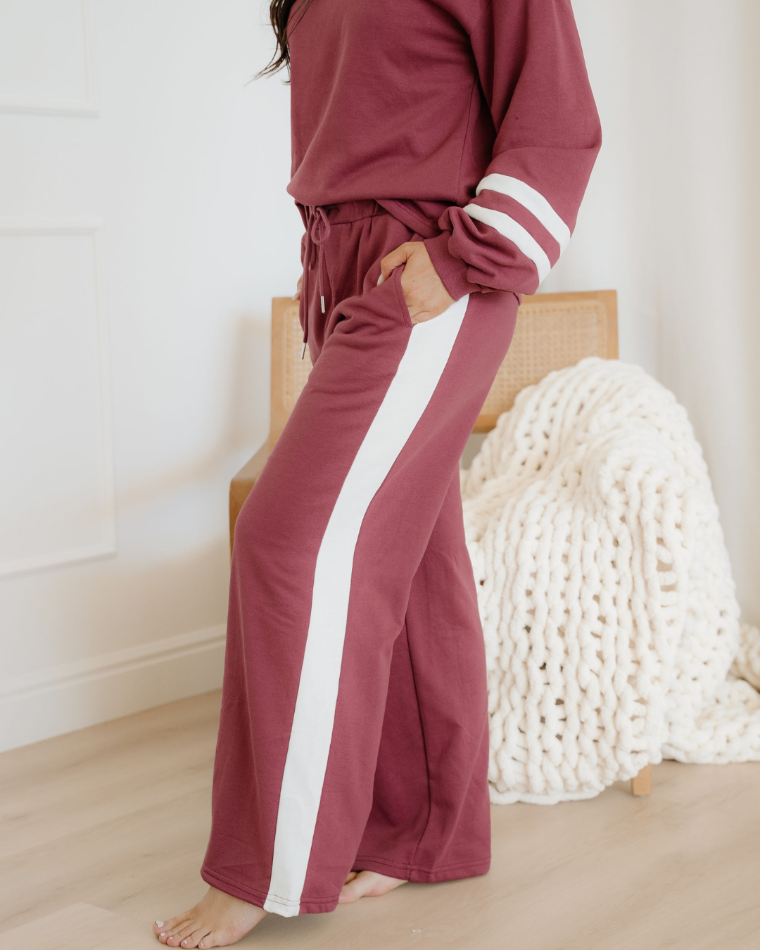 Jordyn Varsity Stripe Drawstring Wide Leg Pant Set - Mineral Red view 7 (bottom) - jordan varsity red,  - shop at us.meeeshop