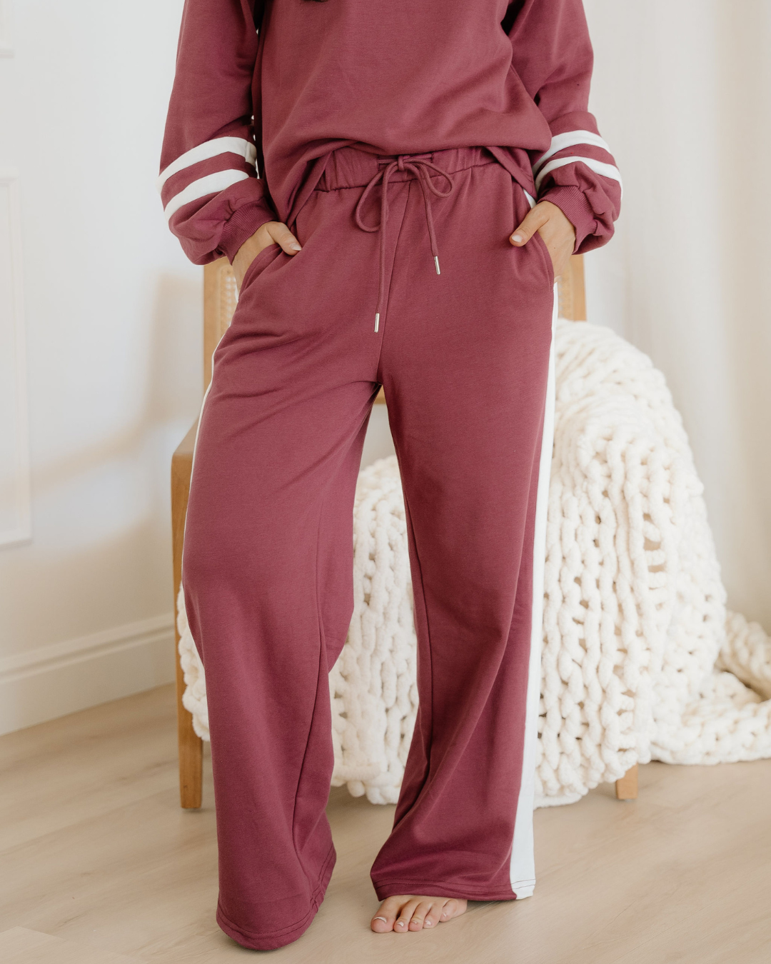 Jordyn Varsity Stripe Drawstring Wide Leg Pant Set - Mineral Red view 8 (bottom) - jordan varsity red,  - shop at us.meeeshop