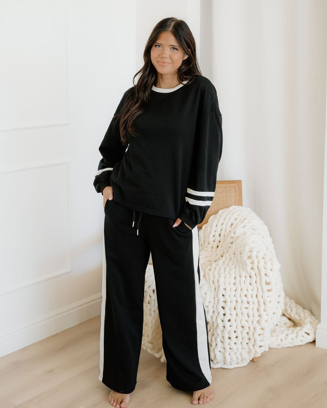 jordyn varsity stripe Jordyn Varsity Stripe Drawstring Wide Leg Pant Set - Black view 3 (bottom) - shop at us.meeeshop