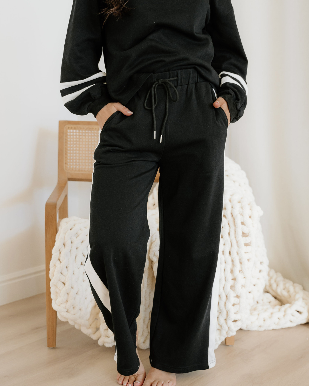 jordyn varsity stripe Jordyn Varsity Stripe Drawstring Wide Leg Pant Set - Black view 4 (bottom) - shop at us.meeeshop
