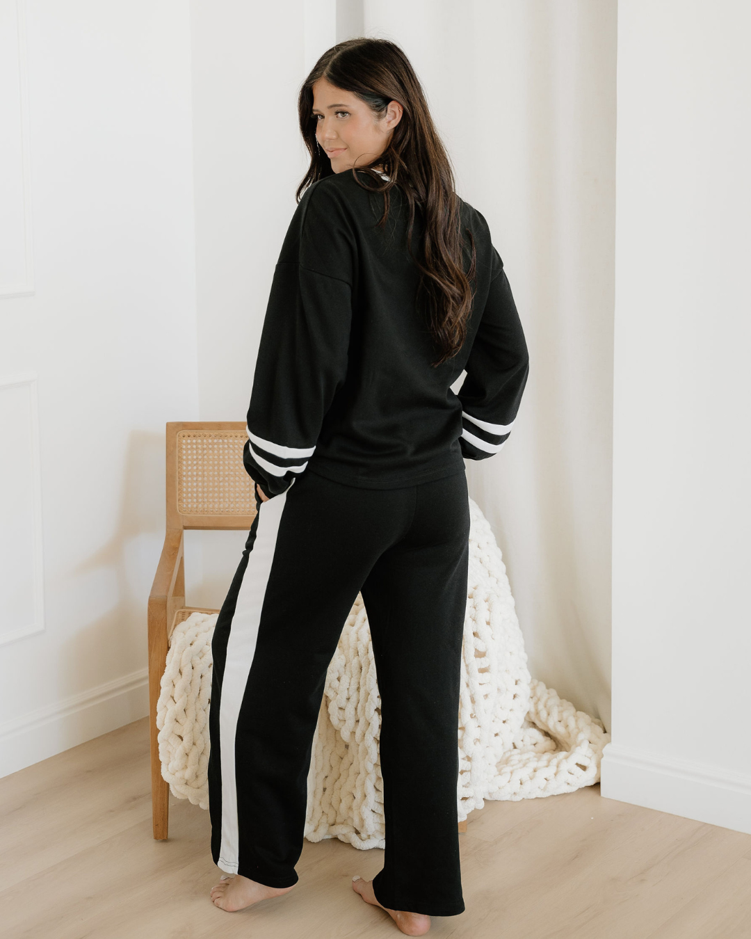 jordyn varsity stripe Jordyn Varsity Stripe Drawstring Wide Leg Pant Set - Black view 5 (bottom) - shop at us.meeeshop