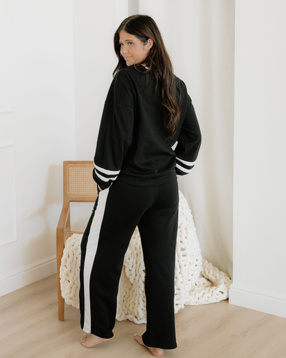 jordyn varsity stripe Jordyn Varsity Stripe Drawstring Wide Leg Pant Set - Black view 5 (bottom) - shop at us.meeeshop