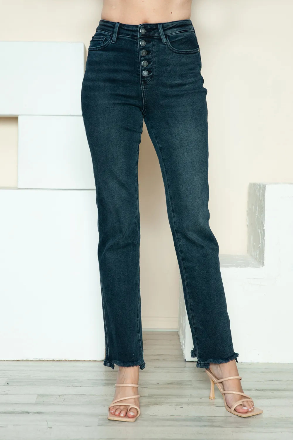 Judy Blue Full Size Button Fly Hem Destroy Straight Jeans in Dark - Judy Blue Button Jeans (bottom)