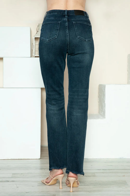 Judy Blue Full Size Button Fly Hem Destroy Straight Jeans in Dark view 2 - Judy Blue Button Jeans (bottom)