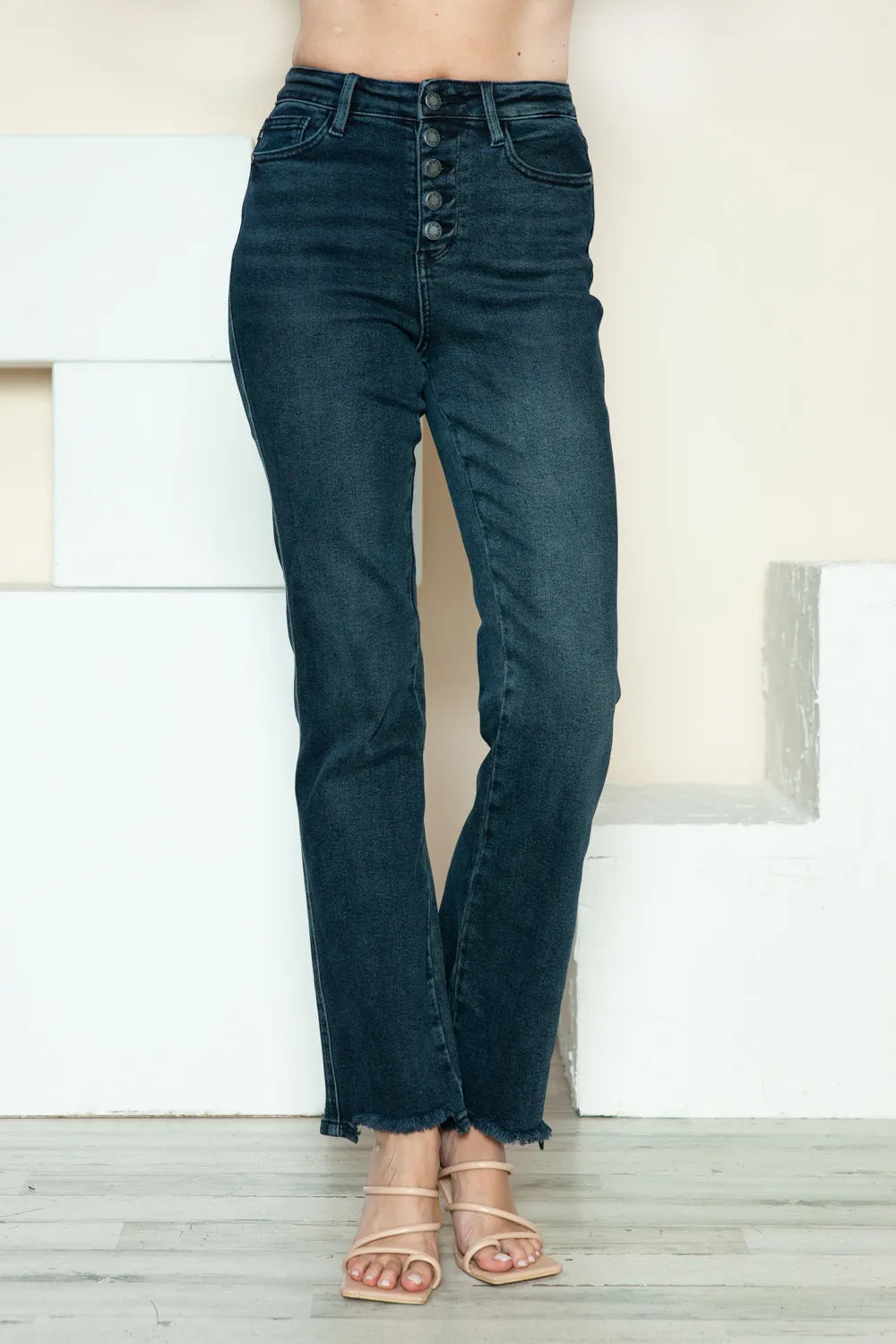 Judy Blue Full Size Button Fly Hem Destroy Straight Jeans in Dark view 4 - Judy Blue Button Jeans (bottom)