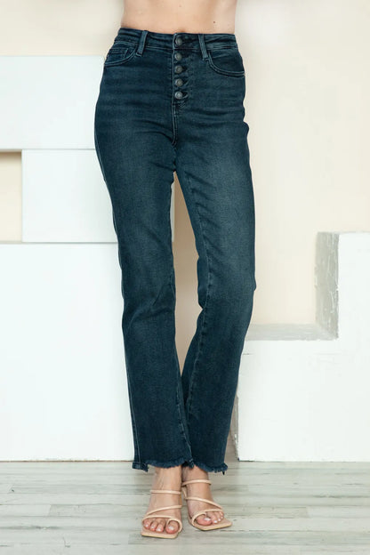 Judy Blue Full Size Button Fly Hem Destroy Straight Jeans in Dark view 4 - Judy Blue Button Jeans (bottom)