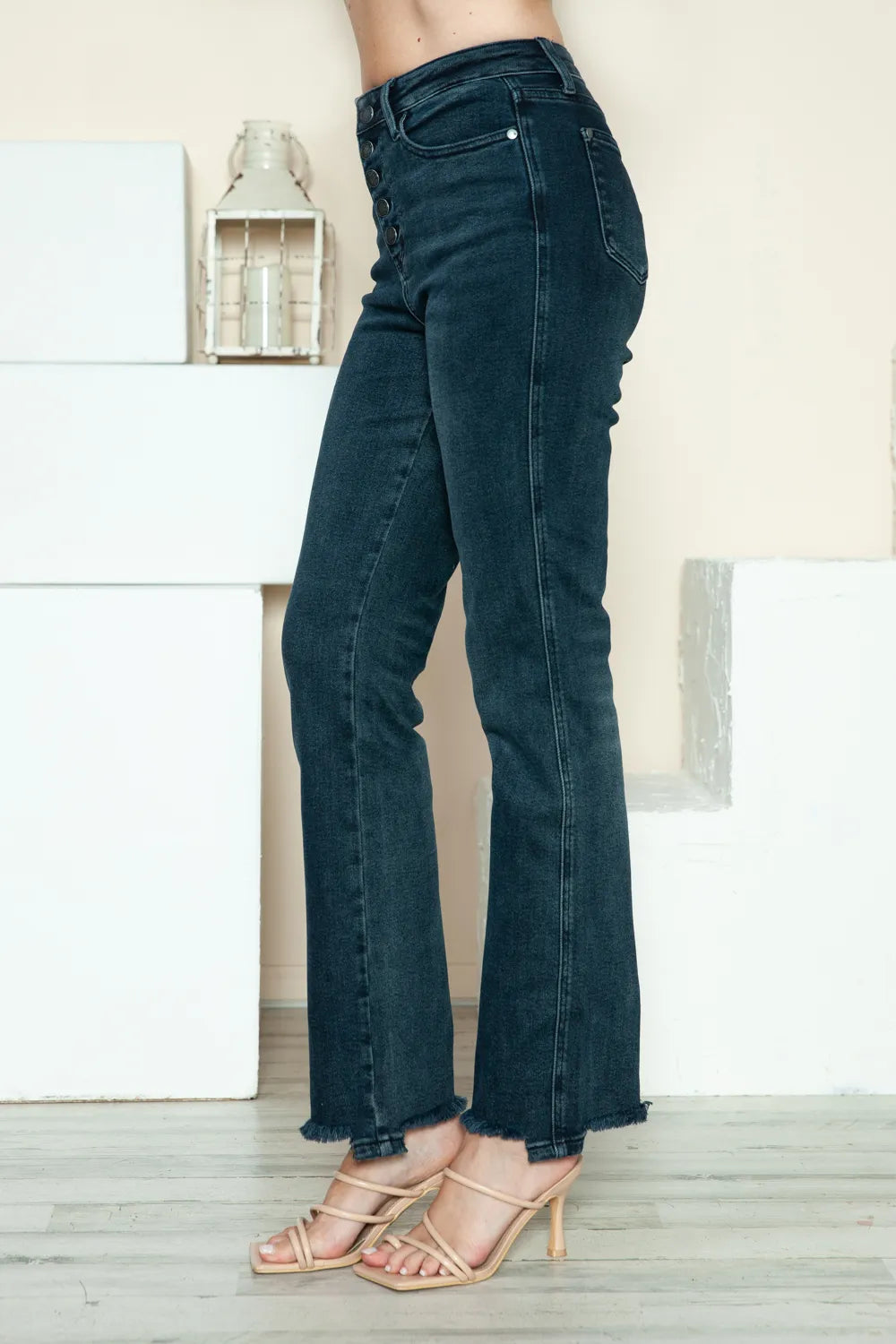 Judy Blue Full Size Button Fly Hem Destroy Straight Jeans in Dark view 5 - Judy Blue Button Jeans (bottom)