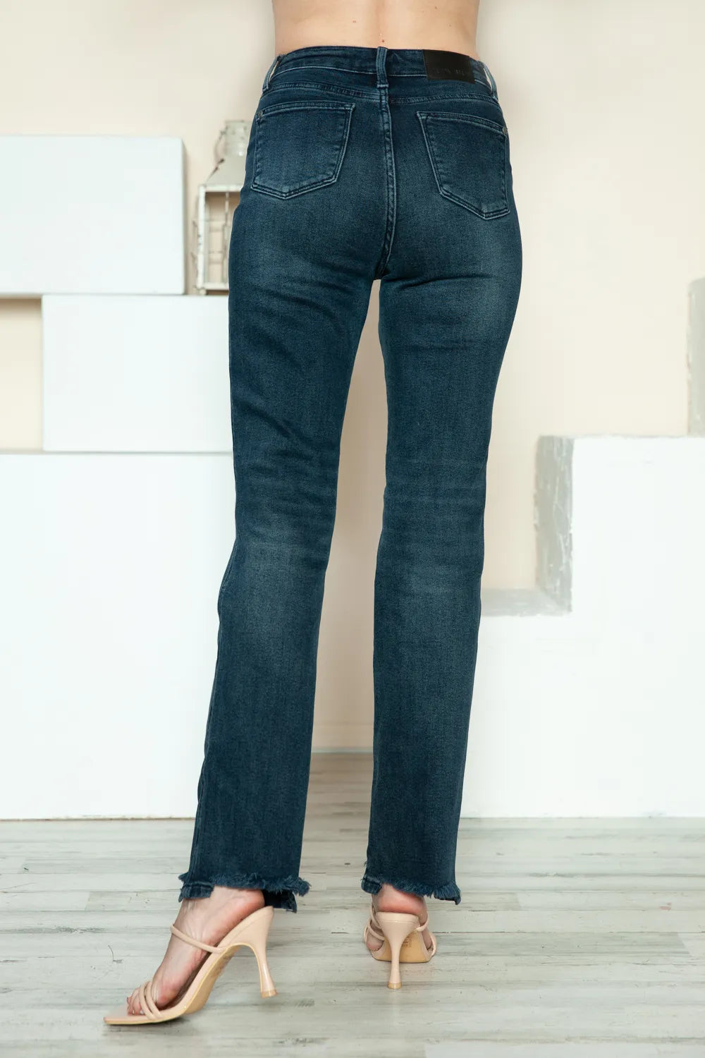Judy Blue Full Size Button Fly Hem Destroy Straight Jeans in Dark view 6 - Judy Blue Button Jeans (bottom)