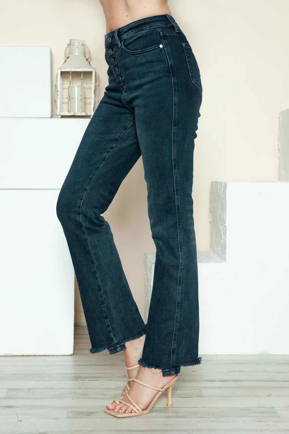 Judy Blue Full Size Button Fly Hem Destroy Straight Jeans in Dark view 7 - Judy Blue Button Jeans (bottom)