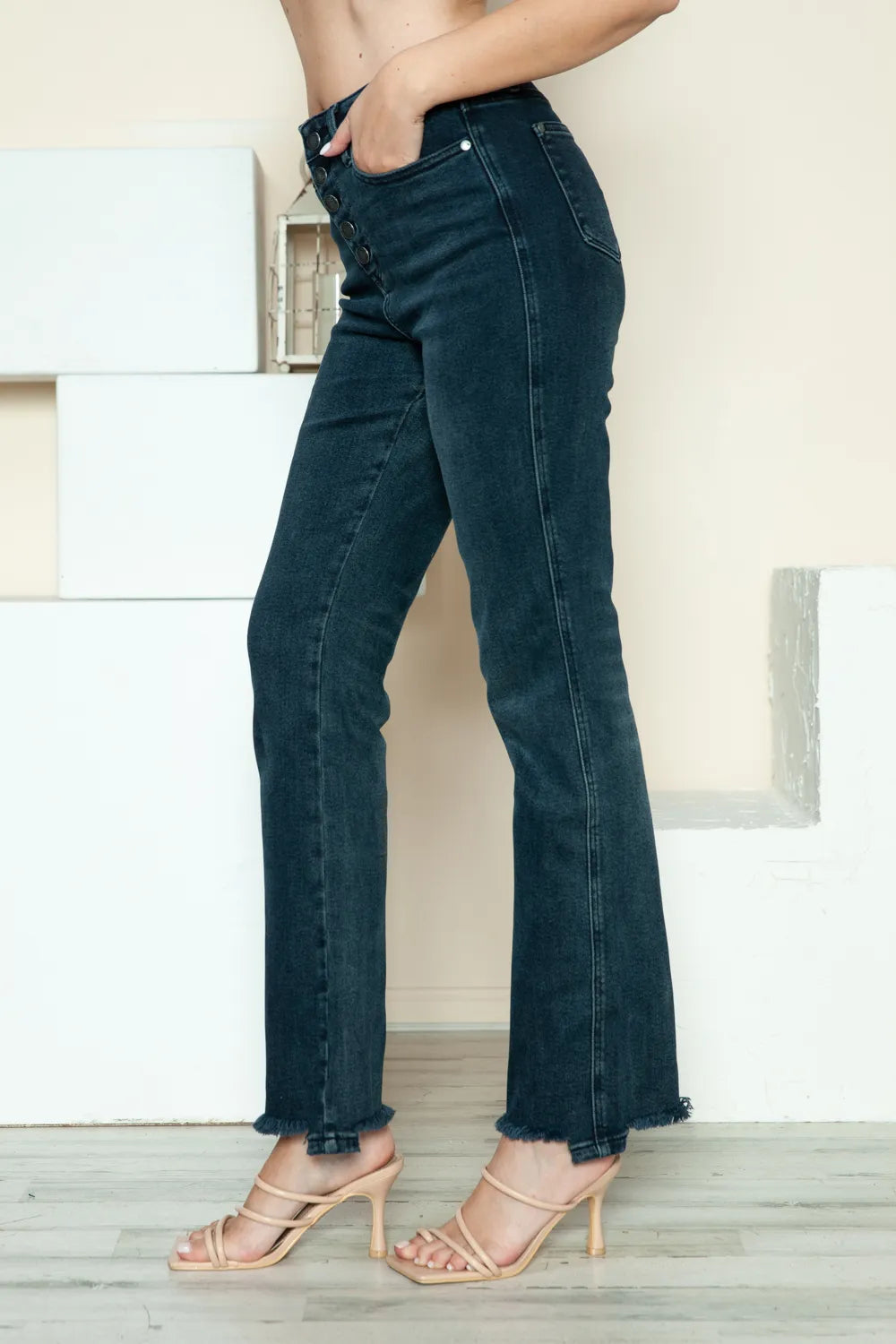Judy Blue Full Size Button Fly Hem Destroy Straight Jeans in Dark view 8 - Judy Blue Button Jeans (bottom)