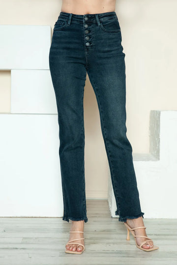 Judy Blue Full Size Button Fly Hem Destroy Straight Jeans - MeeeShop Women's Fashion