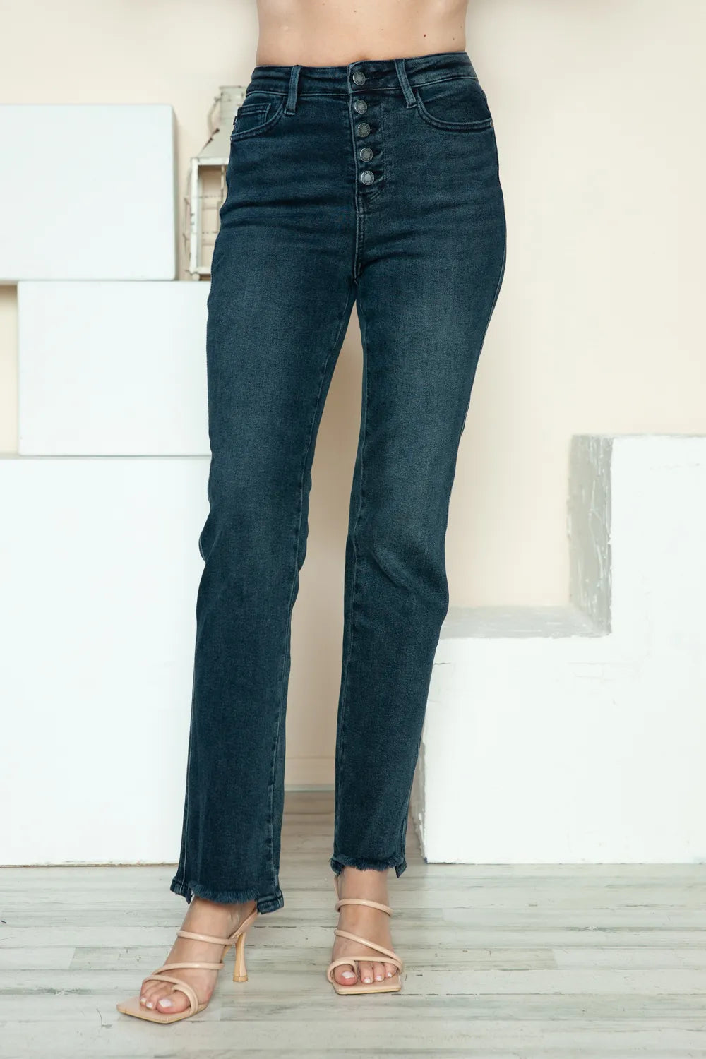 Judy Blue Full Size Button Fly Hem Destroy Straight Jeans - MeeeShop Women's Fashion