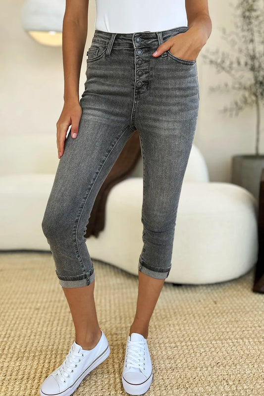 Judy Blue Full Size Button Fly High Waist Cuffed Capris in GRAY - High-Waisted - Judy Blue Capris (bottom)