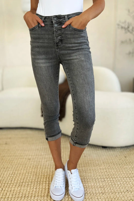 Judy Blue Full Size Button Fly High Waist Cuffed Capris in GRAY view 2 - High-Waisted - Judy Blue Capris (bottom)