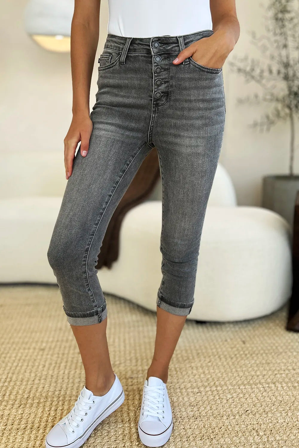 Judy Blue Full Size Button Fly High Waist Cuffed Capris - MeeeShop Women's Fashion