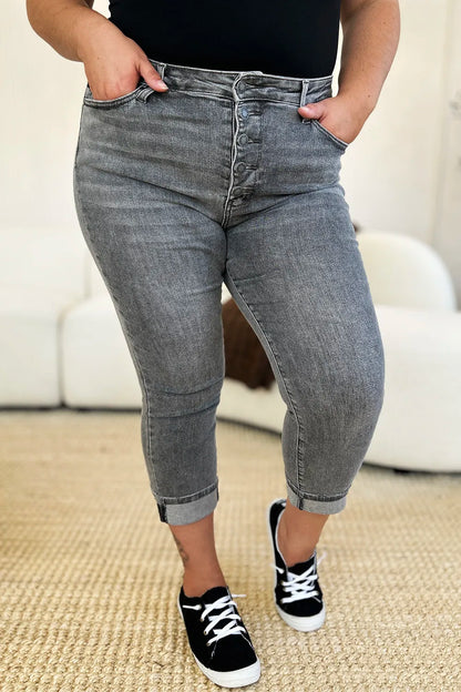 Judy Blue Full Size Button Fly High Waist Cuffed Capris - MeeeShop Women's Fashion