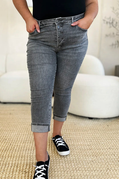 Judy Blue Full Size Button Fly High Waist Cuffed Capris - MeeeShop Women's Fashion