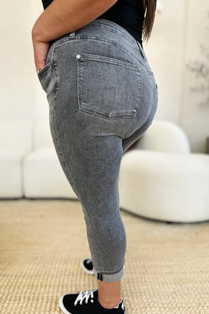 Judy Blue Full Size Button Fly High Waist Cuffed Capris - MeeeShop Women's Fashion