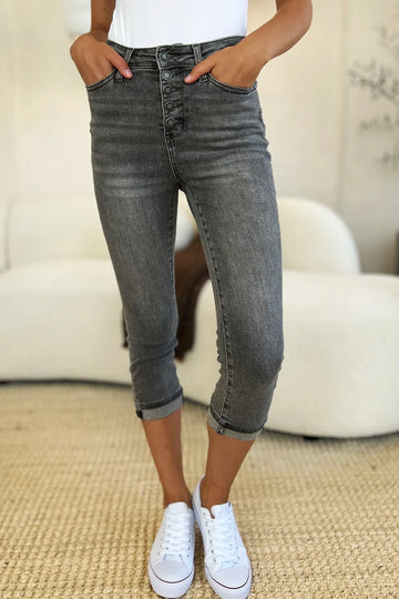 Judy Blue Full Size Button Fly High Waist Cuffed Capris - MeeeShop Women's Fashion