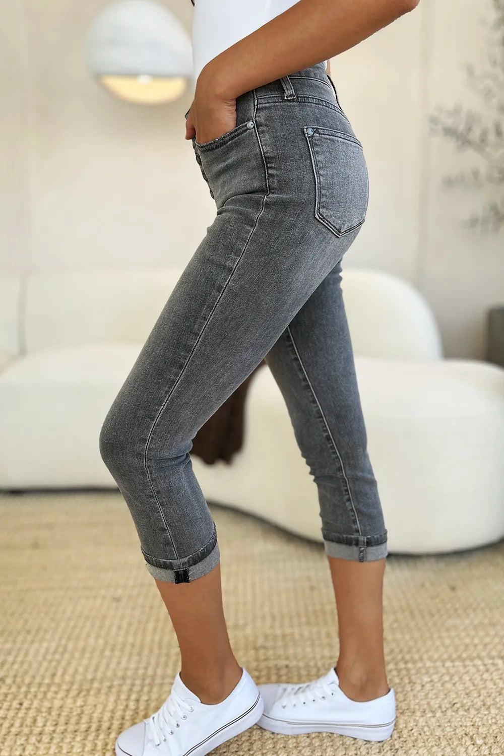 Judy Blue Full Size Button Fly High Waist Cuffed Capris - MeeeShop Women's Fashion