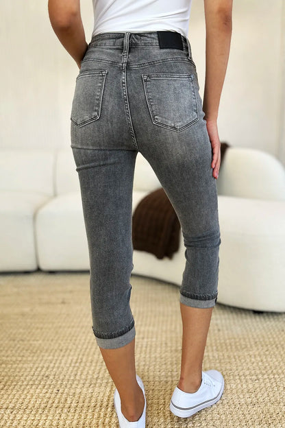 Judy Blue Full Size Button Fly High Waist Cuffed Capris - MeeeShop Women's Fashion