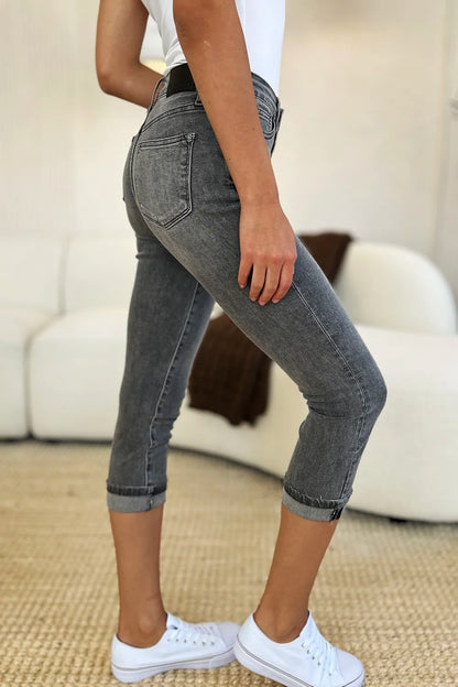 Judy Blue Full Size Button Fly High Waist Cuffed Capris - MeeeShop Women's Fashion
