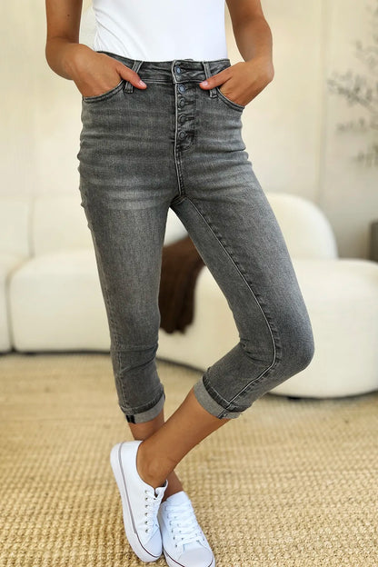 Judy Blue Full Size Button Fly High Waist Cuffed Capris - MeeeShop Women's Fashion